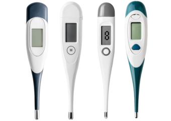 Collection modern digital thermometer, electronic device used to measure temperature accurately isolated on transparent or white background