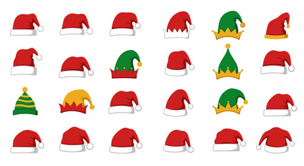 Collection of festive Christmas hats including Santa and elf designs.