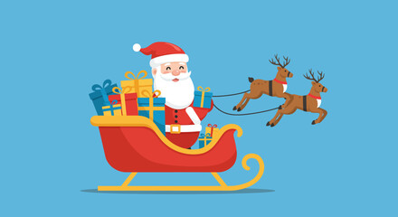 Santa Claus in his sleigh with gifts pulled by flying reindeer for Christmas.
