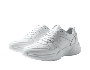 Crisp white sneakers with layered materials and thick soles against a black backdrop