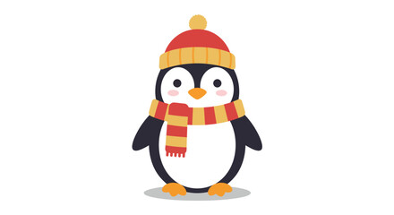 Cute cartoon penguin wearing winter hat and scarf illustration.