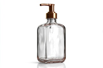Clear glass soap dispenser with copper pump, rectangular shape, sitting on white background