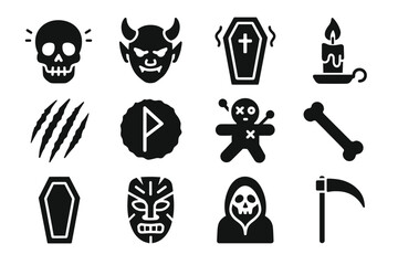 Halloween icons: skull, devil, coffin, candle, claw, flag, voodoo doll, bone, mask, grim reaper, scythe