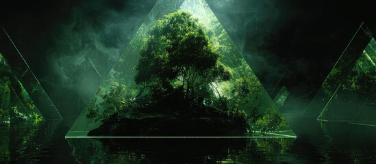 Lush jungle scene framed by luminous green triangles, reflecting on a dark, still water