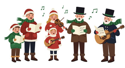 Christmas carolers singing and playing instruments during the festive holiday season.