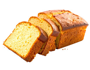 Sliced golden loaf cake, light texture, isolated on a black background