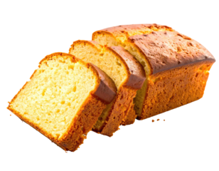 Sliced golden loaf cake, light texture, isolated on a black background