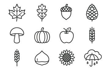 Autumn icons collection: leaves, fruits, and harvest symbols in line art