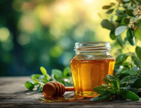 Golden honey in a glass jar, slightly spilled, rests on a rustic wooden surface amidst sprigs of flowering plants, bathed in soft sunlight