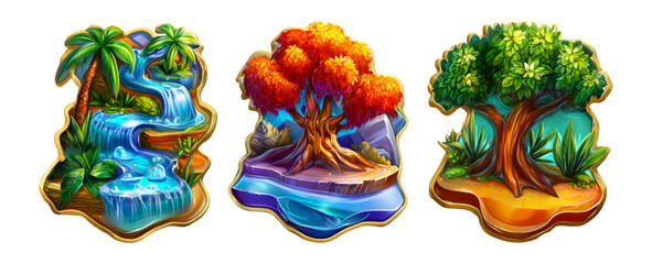 Glossy 3D Cartoon Icons of Nature with Trees and Waterfalls Isolated Background