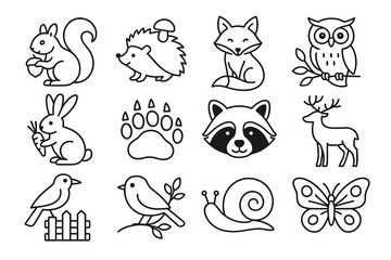 Cute forest animals outline icons: squirrel, hedgehog, fox, owl, rabbit, raccoon, deer