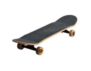 Black and tan skateboard on a black background, showcasing the deck and wheels
