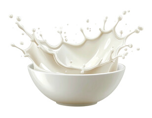 Creamy white liquid splashes upwards from a white bowl, creating a crown