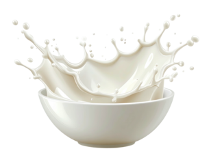 Creamy white liquid splashes upwards from a white bowl, creating a crown
