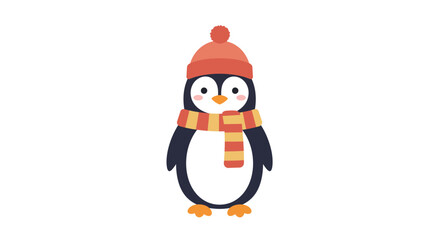 Cute cartoon penguin wearing a red winter hat and striped scarf.