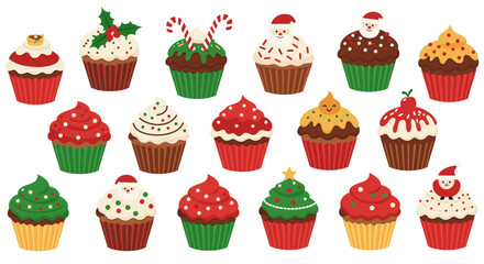 Assortment of festive Christmas cupcakes with various holiday decorations and toppings.