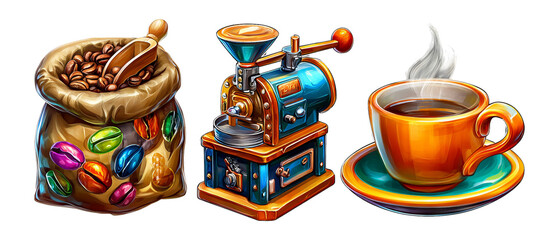 Colorful Cartoon Coffee Grinder with Beans and Cup Illustration
