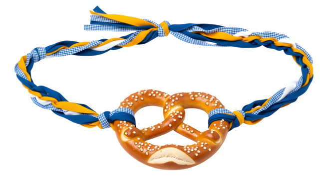 A festive pretzel necklace with blue and yellow ribbon isolated on transparent background, perfect for bavarian celebrations and oktoberfest