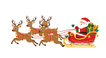 Santa Claus and reindeer pulling sleigh delivering Christmas gifts.