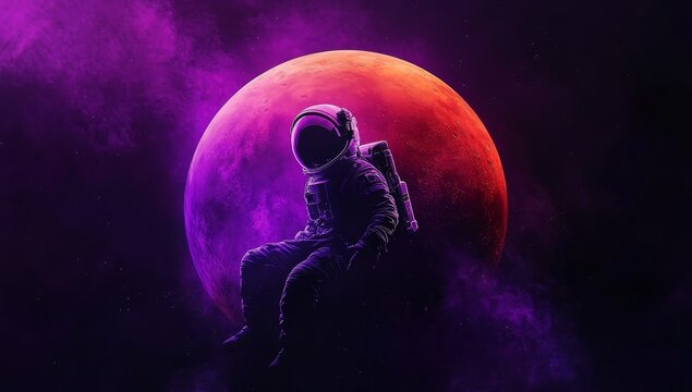 An astronaut floating in front of the planet Mars, with a purple and orange gradient lighting, in a cinematic style, against a dark background, with high contrast and hyper-realistic