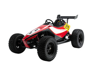 Red and white off-road buggy with black wheels, roll cage, and a spoiler