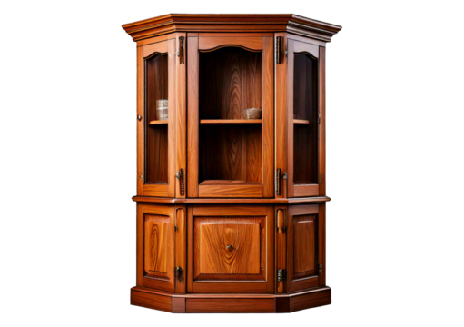Stylish wooden corner cabinet elegant home decor solution isolated on a transparent or white background.