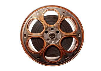 Vintage film reel with film strip, showcasing cinematic history and nostalgia isolated on a transparent or white background.