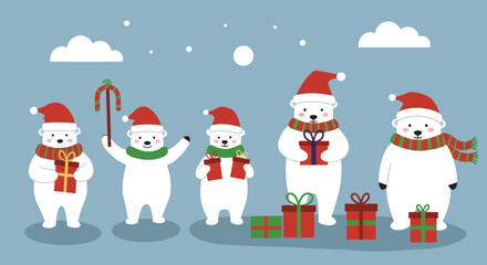 Cute polar bears celebrating Christmas with gifts and festive attire.