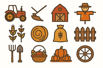 Farm icon set: tractor, barn, scarecrow, harvest tools, wheat, hay, harvest basket, pumpkins, wheel