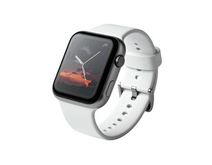 Fototapeta premium Modern smartwatch with a grey body and white strap displays a sunset scene
