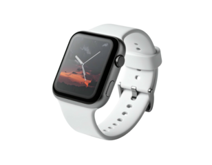 Modern smartwatch with a grey body and white strap displays a sunset scene