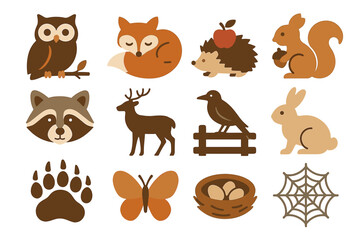 Woodland animal icons collection: owl, fox, hedgehog, squirrel, raccoon, deer, crow, rabbit