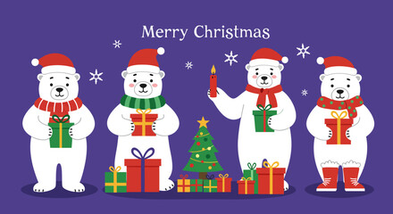 Cute polar bears celebrating Christmas with gifts and a festive tree.