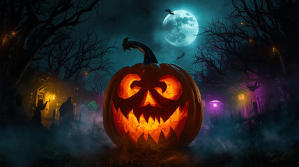 Halloween Pumpkin Monster with Glowing Ghost Carving, Gothic Atmosphere, Full Moon Night &mdash; Generative AI
