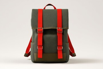 Olive green canvas backpack with vibrant red straps and buckles; minimalist design, side pockets, and a flap closure