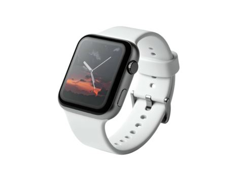 Modern smartwatch with a grey body and white strap displays a sunset scene
