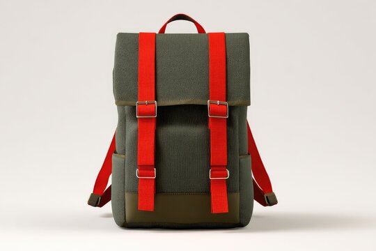 Olive green canvas backpack with vibrant red straps and buckles; minimalist design, side pockets, and a flap closure