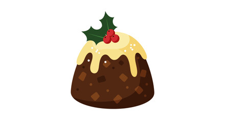 Traditional Christmas Pudding with Holly and Icing Festive Dessert Illustration.