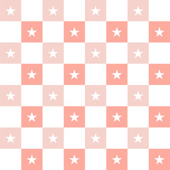 Seamless vector pattern with with small stars and squares. Geometric repeating gingham background, pink pastel texture in square.