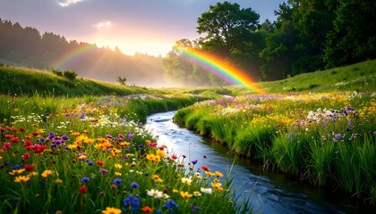 Rainbow Over Meadow Stream with Colorful Wildflowers and Trees