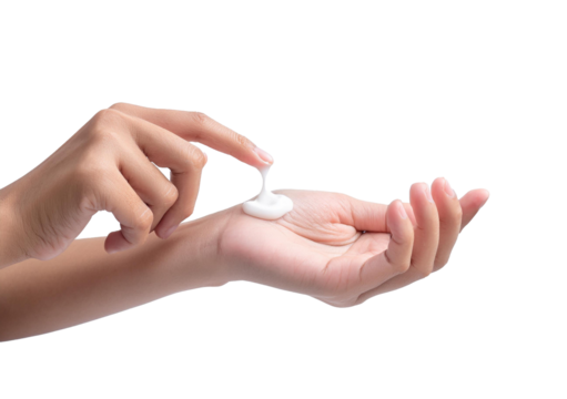 Woman putting moisturizing cream on hand Isolated on transparent or white Background