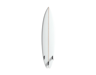 Top-down view of a white surfboard with fins, isolated on a stark black background