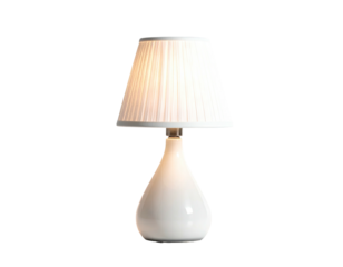 A glowing white teardrop lamp with a pleated shade against a black background