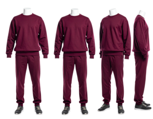 Set of burgundy sweats displayed on mannequins showing front, side, and angles