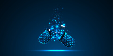 Abstract 3D open capsule, pill and drug with vitamins and collagen in geometric low poly wireframe design. Concept care, science, and technology. Vector illustration.