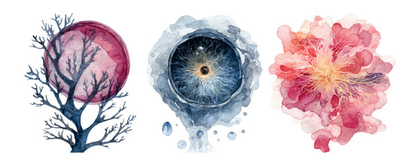 Abstract Watercolor Illustrations of Nature Elements on Transparent Background