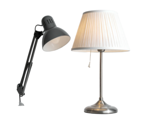 Two desk lamps, one black adjustable and one classic, with light shining