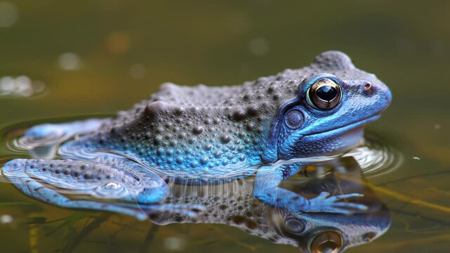 Extreme close-up of two iridescent blue male moor frogs in amplexus, wet skin glistening in murky pond water, one croaking, natural history documentary aesthetic
