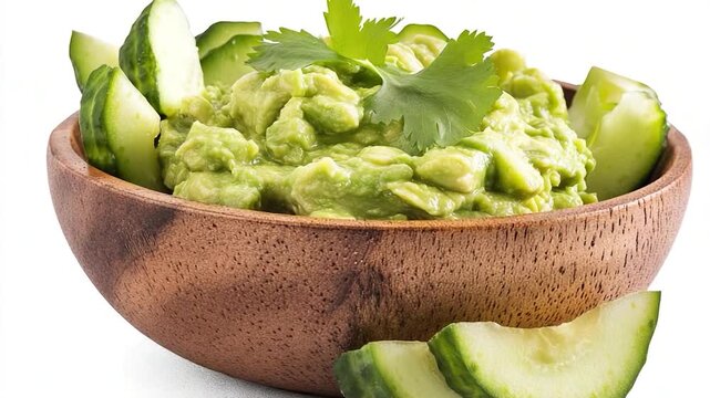 Fresh guacamole served in a wooden bowl with sliced cucumbers for a healthy snack