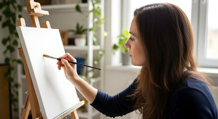 Creative Passion Young Woman Immersed in Painting Capturing Beauty with Brushstrokes Artistic Expression Inspiring Creativity in the World of Art